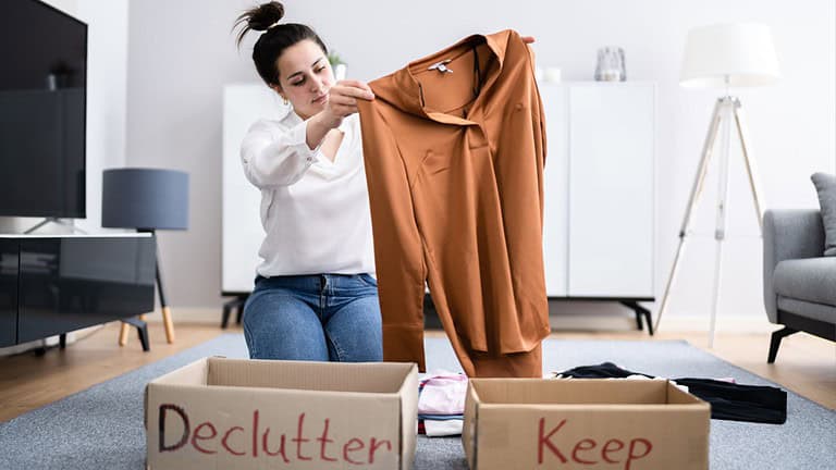 decluttering, sorting clothes into two labeled cardboard boxes, one marked "Declutter" and the other "Keep," in a bright living room with a white cabinet in the background