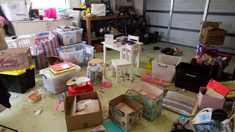 A cluttered garage filled with various items including boxes, toys, and a bicycle