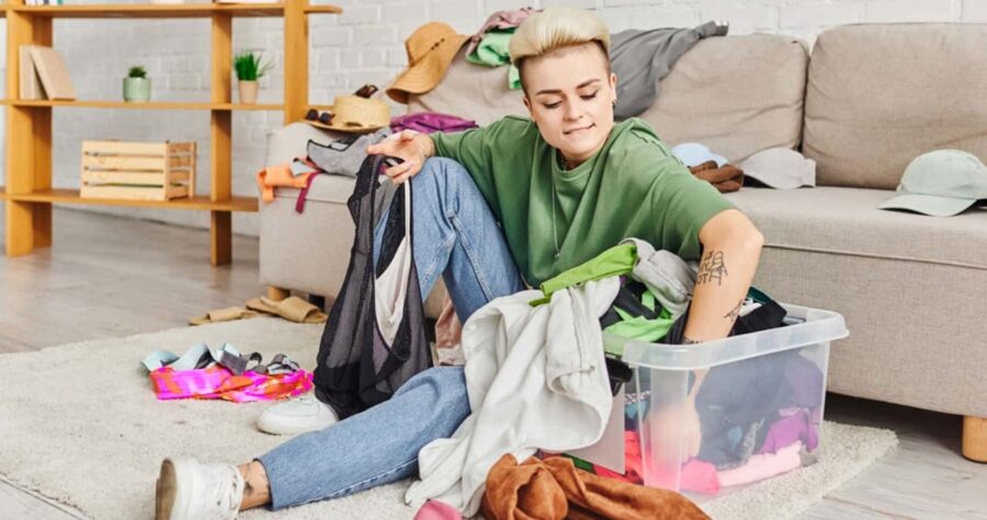 Person sorting through a pile of clothes, cluttered room with scattered items, organizing wardrobe, decluttering space, folding and placing clothes in a storage bin, shoes and hats in the background, home cleaning effort