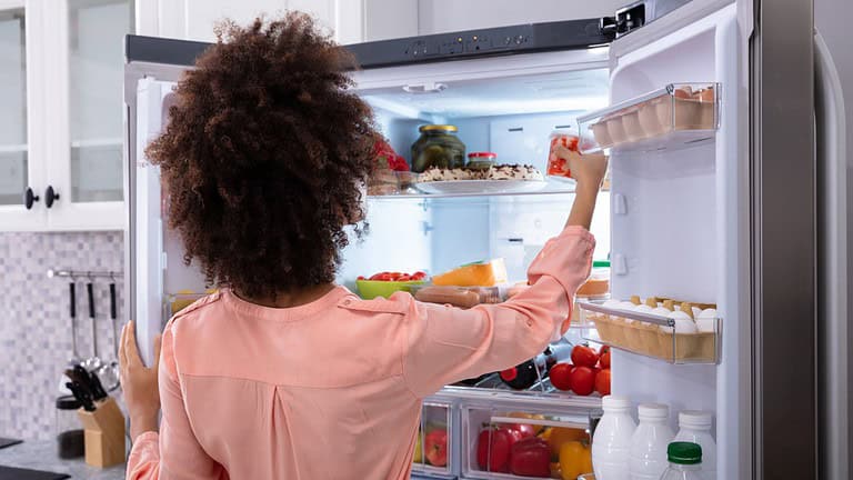 woman in fridge, food in fridge, refrigerator