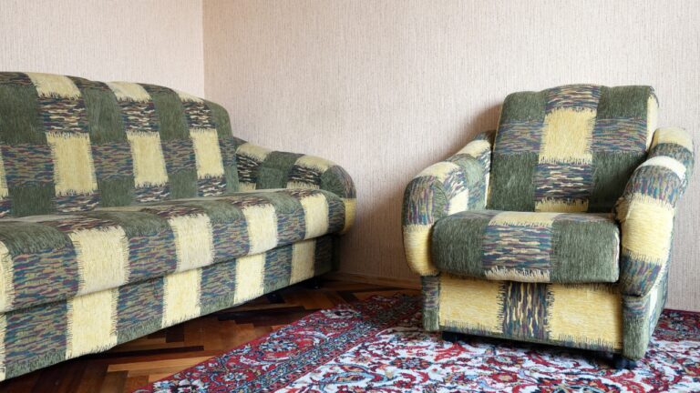 Living room corner with two patterned sofas or armchairs, decorative area rug with red and blue pattern, white wall, blue checkmark icon in upper right corner.