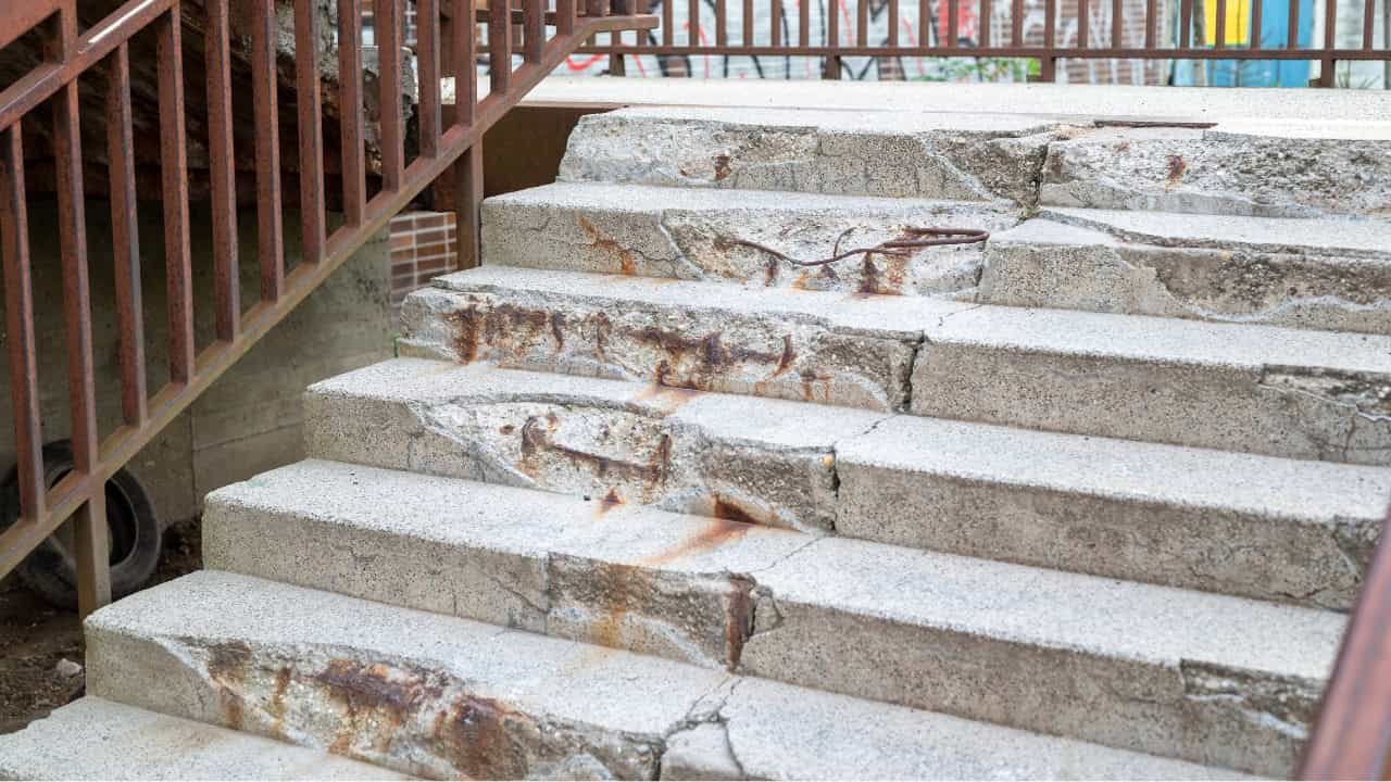Deteriorating concrete steps with visible cracks, rust stains, and spalling damage alongside a brown metal railing