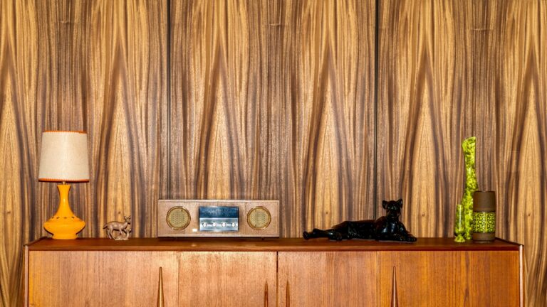 Vintage wood-paneled wall, mid-century modern decor, retro wooden cabinet, old-fashioned radio, black panther figurine, warm-toned interior design