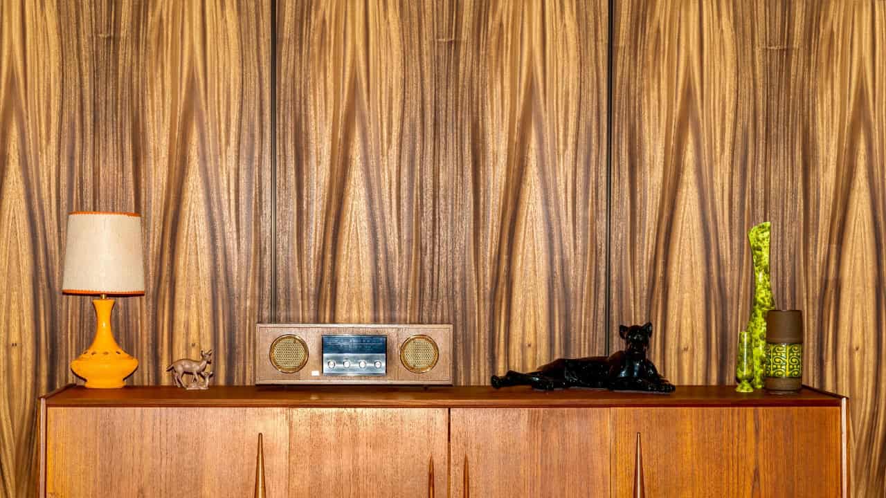 Vintage wood-paneled wall, mid-century modern decor, retro wooden cabinet, old-fashioned radio, black panther figurine, warm-toned interior design