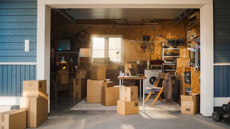 Dusty basement or storage room with cardboard boxes, wooden shelves, concrete floor, small window with natural light