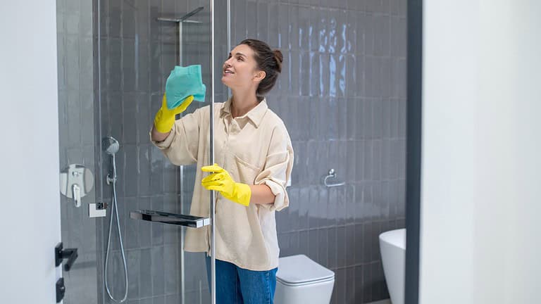 A person cleaning a shower glass, wearing yellow rubber gloves, holding a blue microfiber cloth, smiling, cleaning a bathroom