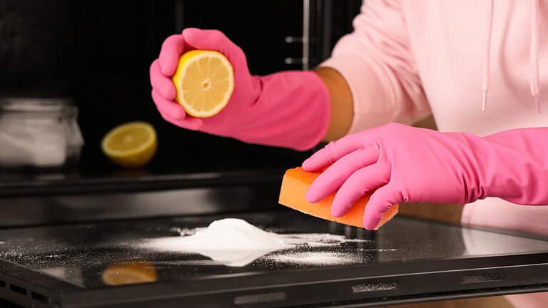 A person wearing pink cleaning gloves is squeezing lemon juice onto baking soda on a surface, preparing to clean the stove or oven with a sponge, using natural cleaning ingredients for a more eco-friendly approach