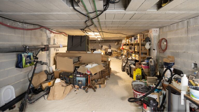 A cluttered basement filled with cardboard boxes, tools, and miscellaneous items, storage shelves lining the walls