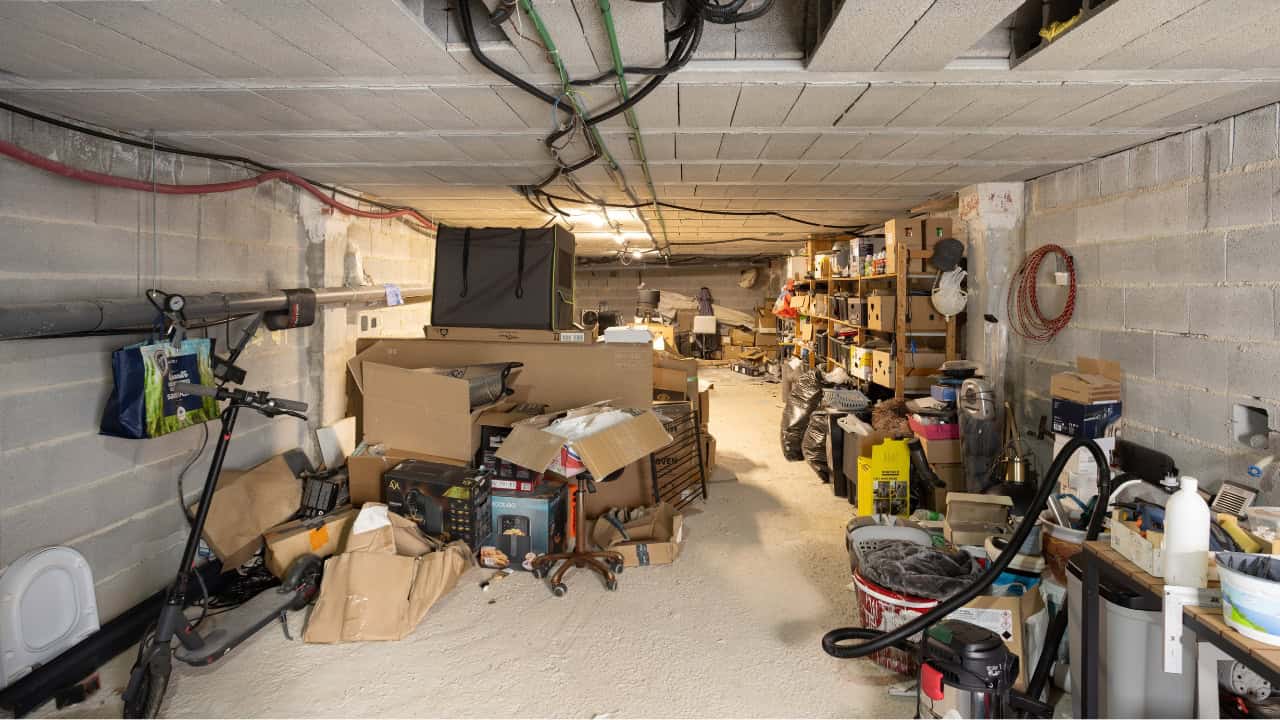 A cluttered basement filled with cardboard boxes, tools, and miscellaneous items, storage shelves lining the walls