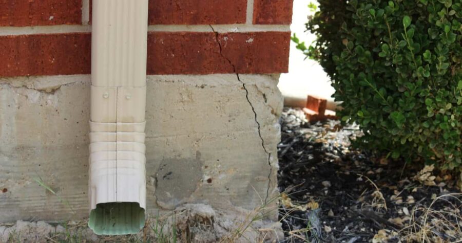 Visible crack in concrete foundation wall near white downspout against red brick house with landscaping