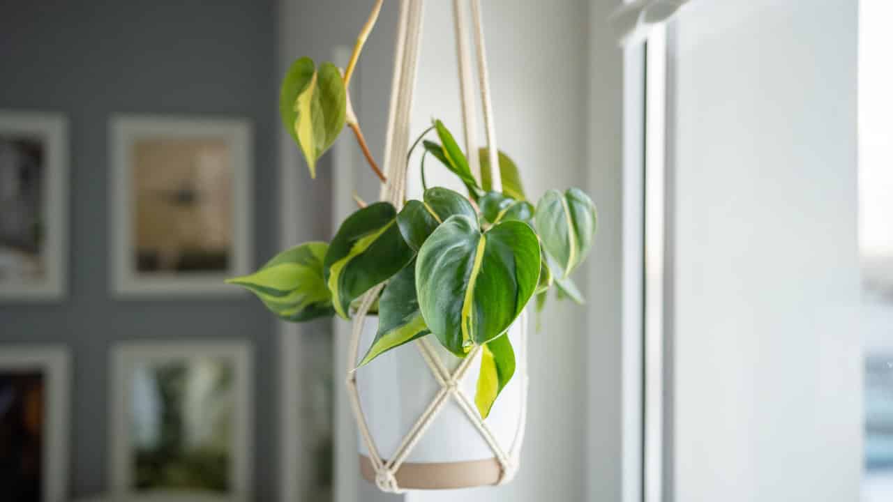 Hanging philodendron plant in cream macramé plant holder, green heart-shaped leaves, near window with natural light