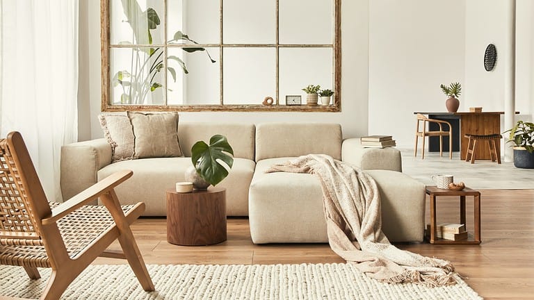 Beige modern living room, L-shaped sofa with throw blanket, wooden coffee table with potted plant, large mirror with wooden frame, natural light, minimalist decor, cozy and stylish interior design