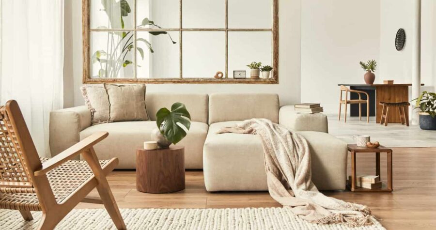 Beige modern living room, L-shaped sofa with throw blanket, wooden coffee table with potted plant, large mirror with wooden frame, natural light, minimalist decor, cozy and stylish interior design