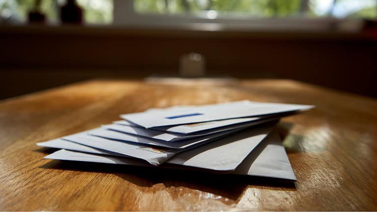 Stack of envelopes, placed on a wooden surface, soft natural lighting, mail on table, close-up view of envelopes, home office setting, letters awaiting attention