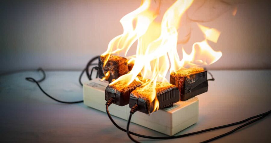 Fire Hazards where White power strip or extension cord on fire with bright orange flames against light background