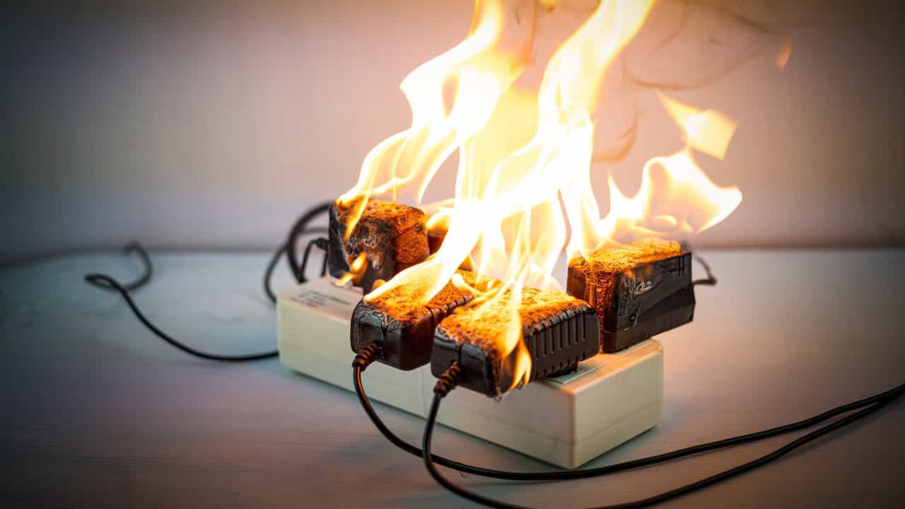 Fire Hazards where White power strip or extension cord on fire with bright orange flames against light background