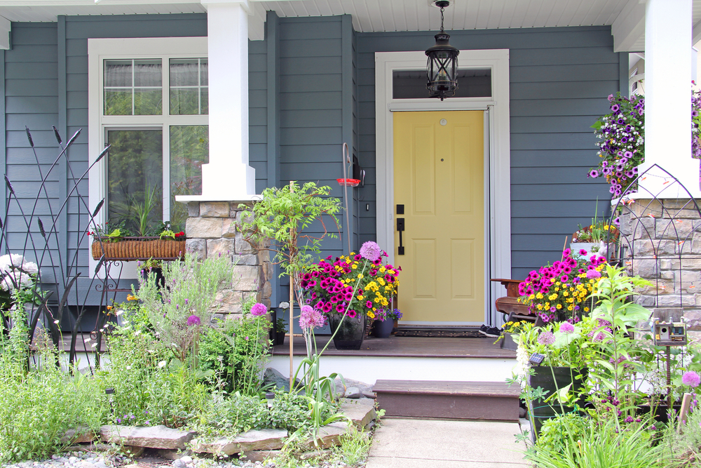 Front porch with vibrant flower pots, blooming petunias and zinnias, arranged on steps and by the doorway, blue house exterior, yellow front door, stone column accents, white trim, hanging lantern