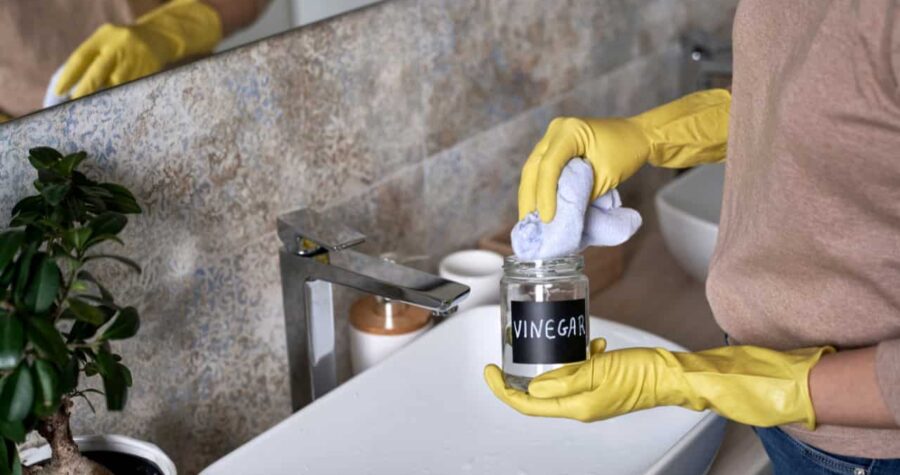 Person wearing yellow gloves cleaning a bathroom sink with a cloth, holding a jar labeled "vinegar," using natural cleaning methods
