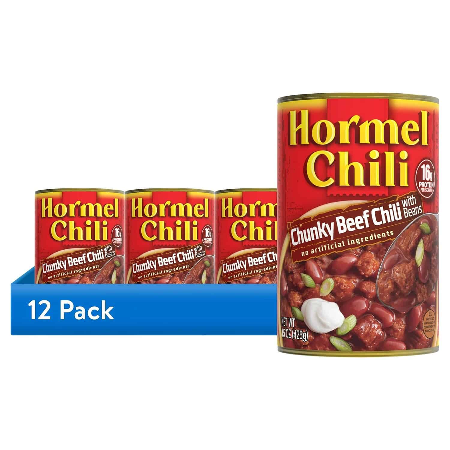 Hormel Chunky Beef Chili with Beans, 12-pack, each can containing 15 oz, no artificial ingredients, 16g of protein per serving, ready-to-eat canned chili, displayed in a blue shelf display