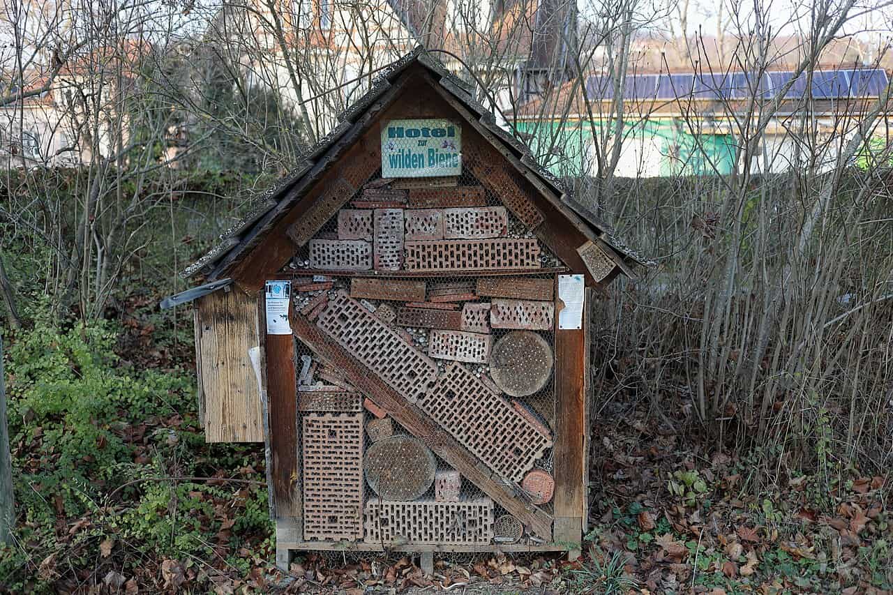 The image shows a wooden bee hotel, constructed with a variety of materials including bricks, wooden planks, and circular cutouts, designed for wild bees, labeled "Hotel zur wilden Biene"