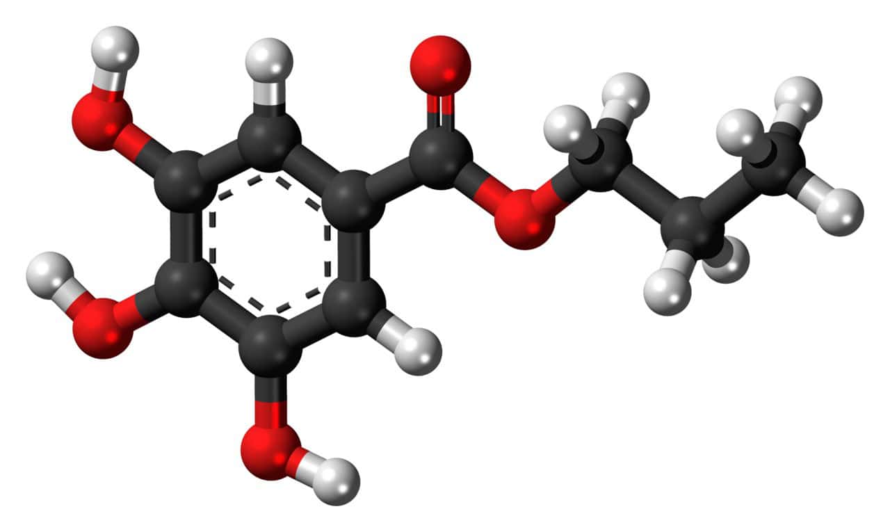 3D molecular model of Propyl gallate, consisting of black carbon atoms, red oxygen atoms, and white hydrogen atoms, showing the molecular structure with bonds and functional groups