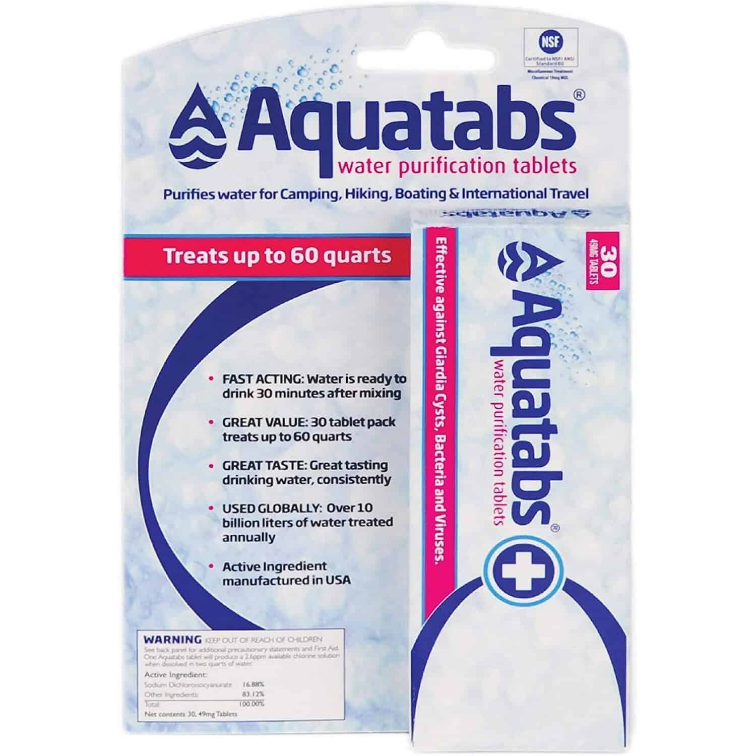 Aquatabs water purification tablets, packaging design, purifies water for camping, hiking, boating, and international travel, treats up to 60 quarts, fast-acting, ready in 30 minutes, contains 30 tablets