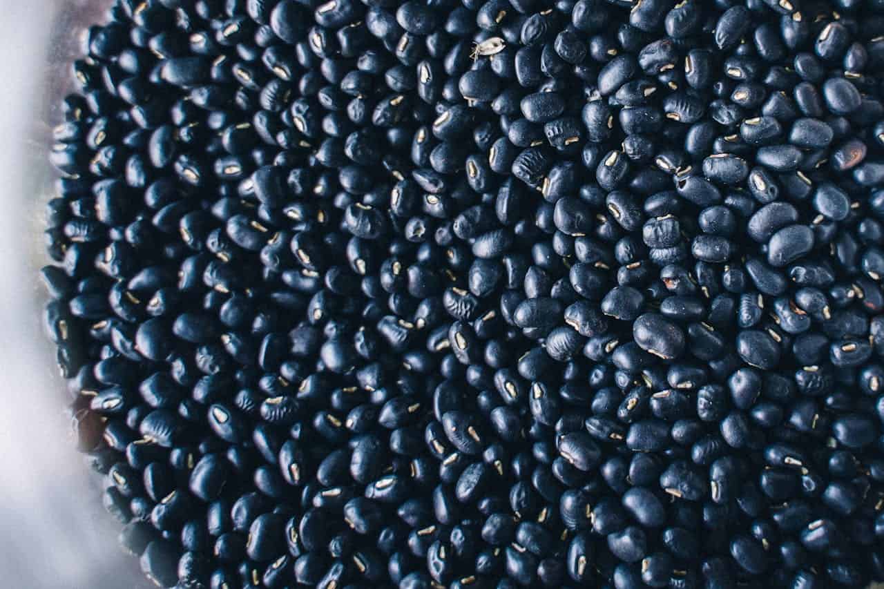 Close-up of dried black beans, glossy kidney-shaped legumes, small white hilum visible on some beans, arranged densely on light surface