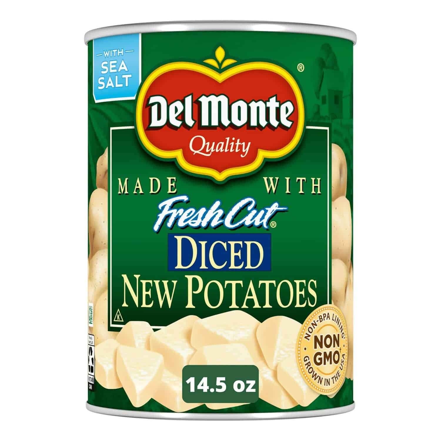 Canned Del Monte diced new potatoes, labeled with fresh cut, made with sea salt, non-GMO, BPA-free lining, 14.5 oz can, packaging with a green and red design, clean and clear label, showcasing the diced potatoes