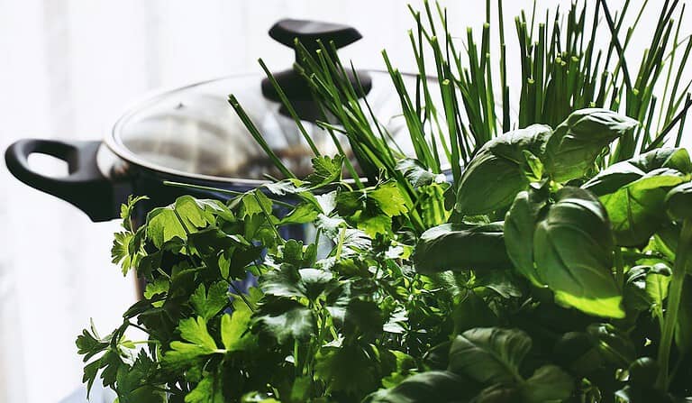 Fresh herbs growing indoors, parsley, chives, and basil, kitchen setting, glass pot lid in the background, bright natural light, home cooking ingredients
