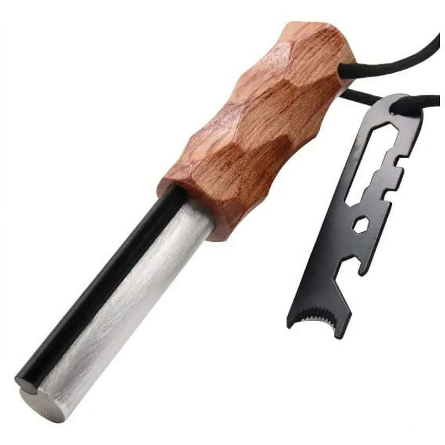 A fire starter kit, includes a ferrocerium rod, a wooden handle, and a black scraper with measurements, attached with a cord, used for bushcraft and survival, helps to create sparks for starting fires, suitable for outdoor and emergency situations