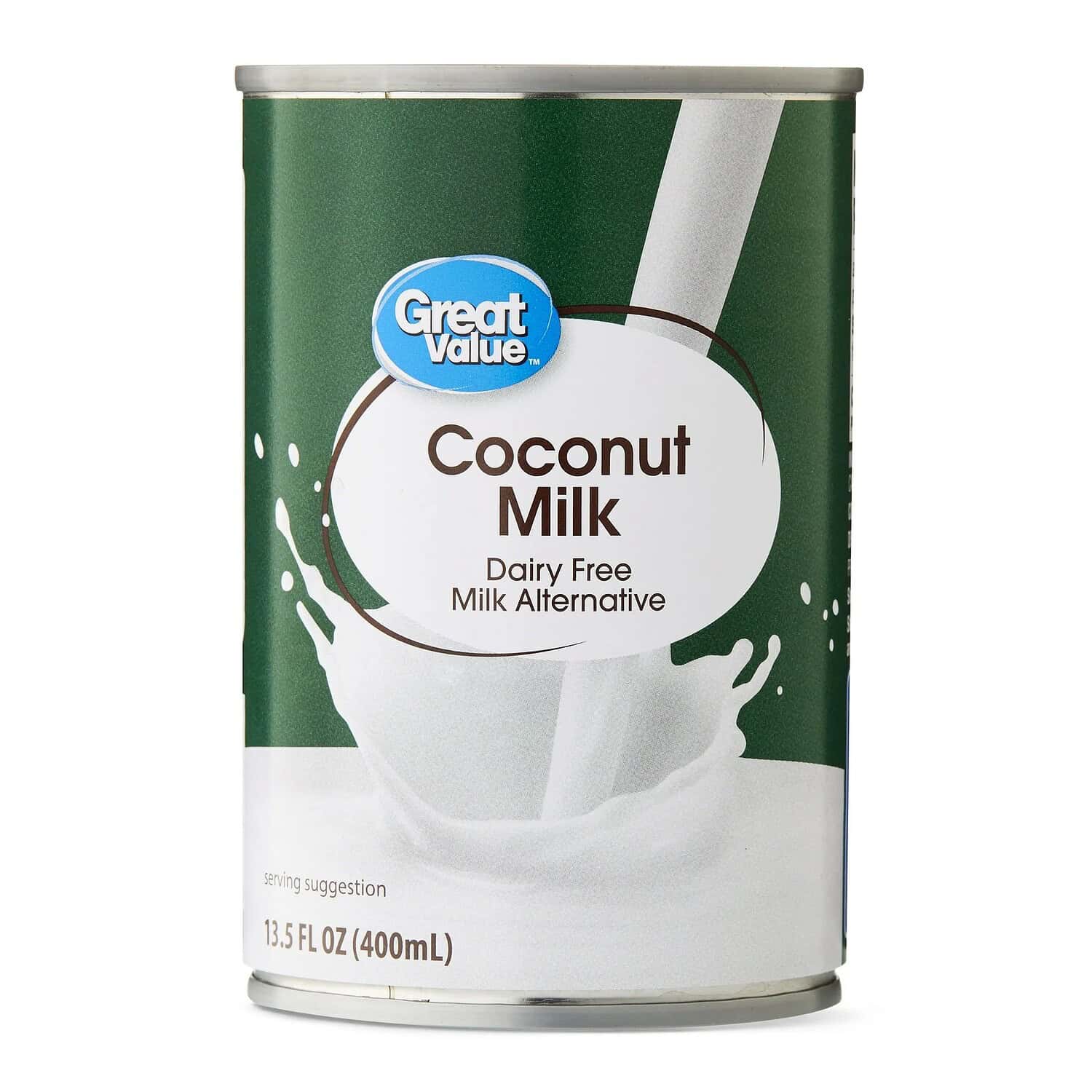 Can of Great Value Coconut Milk, dairy-free milk alternative, 13.5 fl oz (400mL), green packaging, white splash design, product label with "Coconut Milk" text