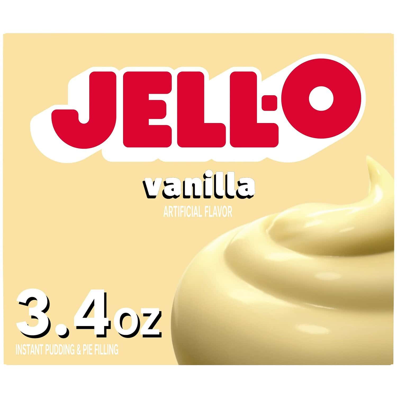 Jell-O vanilla instant pudding mix, 3.4 oz box, artificial flavor, for making instant pudding and pie filling, creamy texture, quick dessert preparation