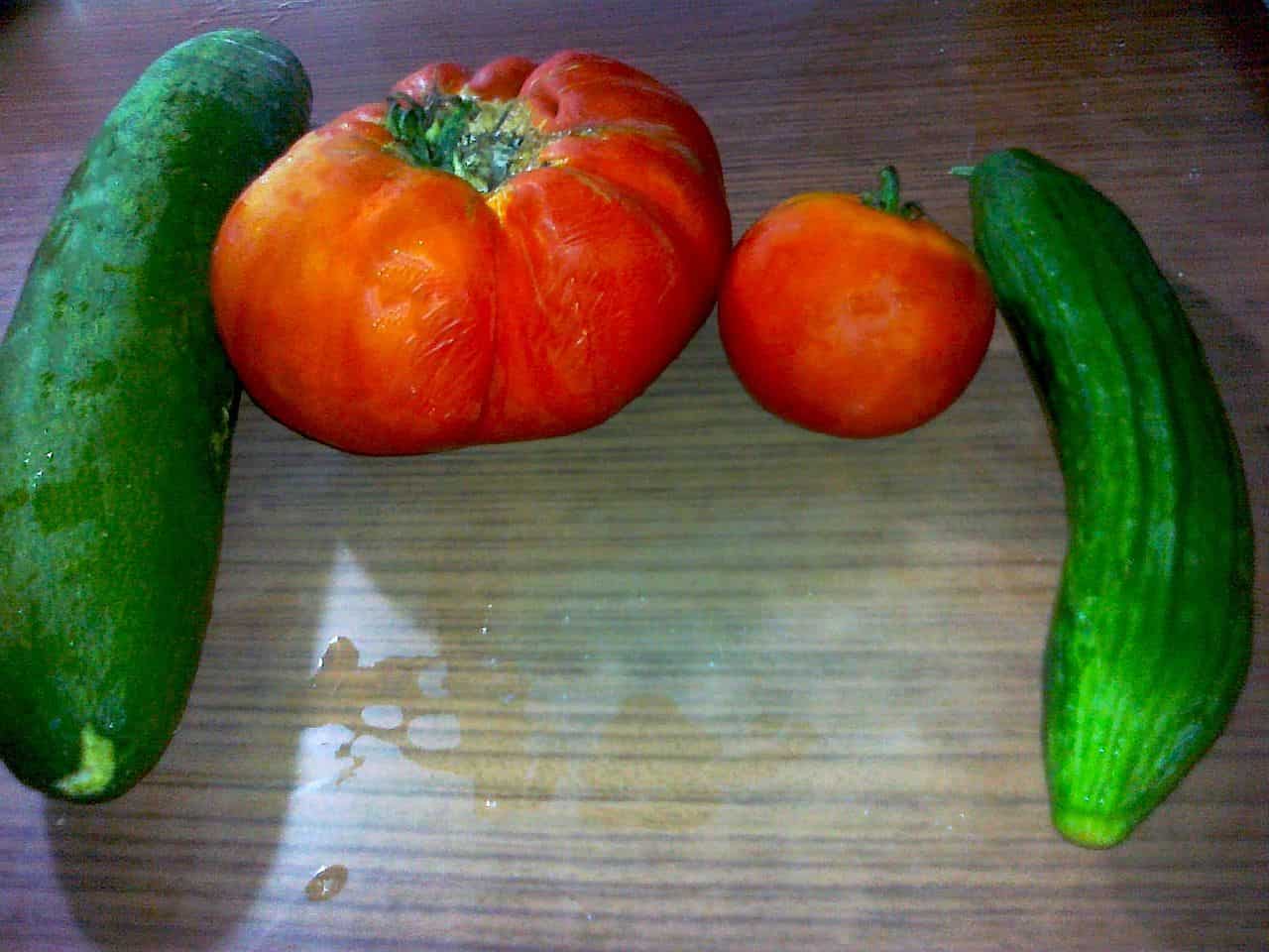 The image shows two cucumbers and two tomatoes arranged on a wooden surface. The cucumbers are placed on the left and right, with a large, slightly wrinkled tomato in the center, and a smaller tomato beside it
