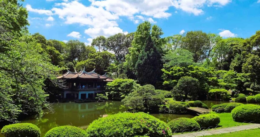 Serene Garden Landscape with Traditional Architecture