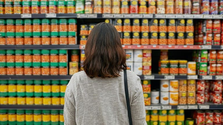 A woman with shoulder-length brown hair stands in front of a supermarket shelf filled with canned goods, browsing options, deciding what to buy, comparing brands, looking for specific ingredients