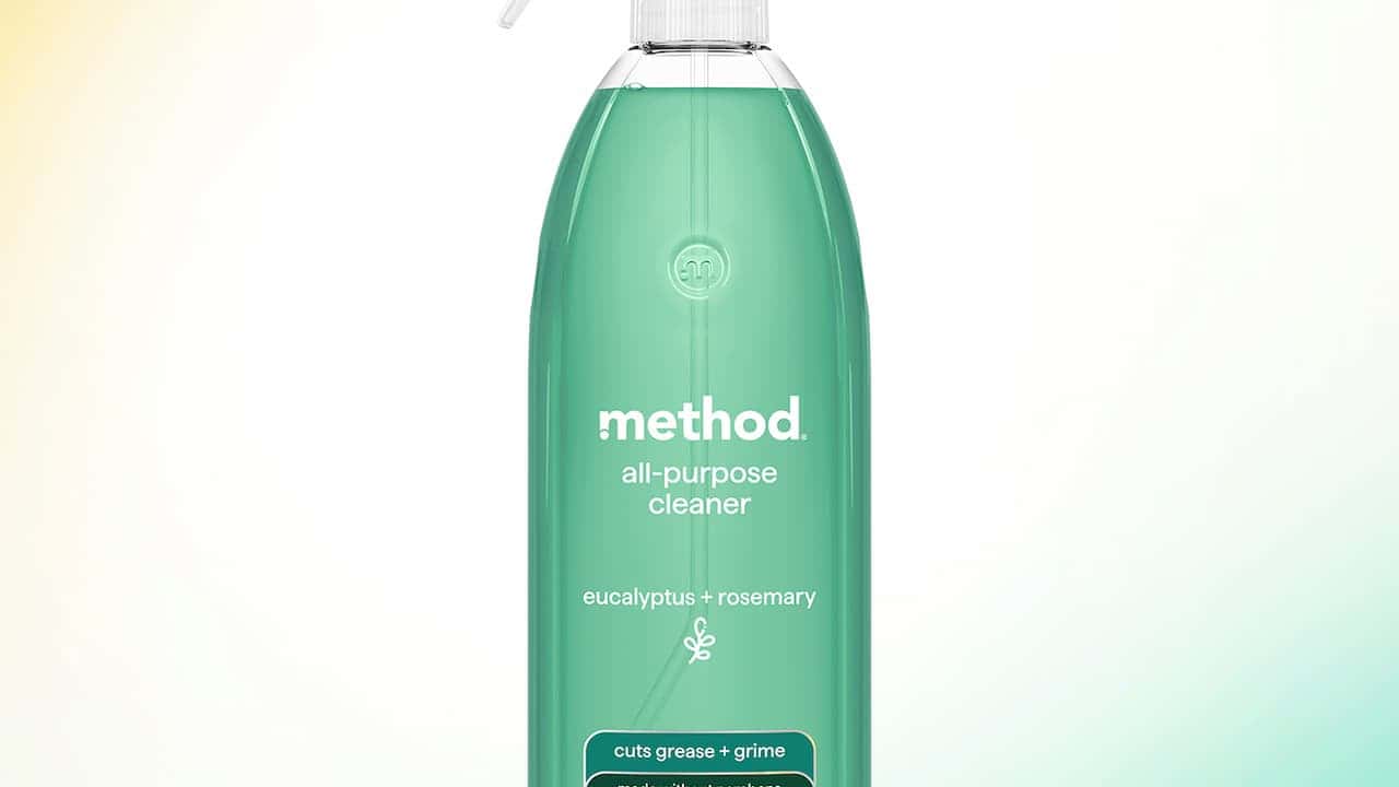 Transparent green bottle of Method all-purpose cleaner, eucalyptus and rosemary scent, with a white spray nozzle, labeled as cutting grease and grime, made without parabens, set against a gradient background of yellow, white, and green hues