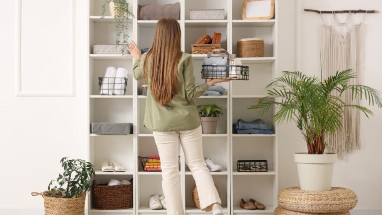 A woman organizing a shelf, holding a basket, facing a neatly arranged set of shelves, various baskets and folded towels, light and airy room, she’s sorting items on shelves, minimalistic storage