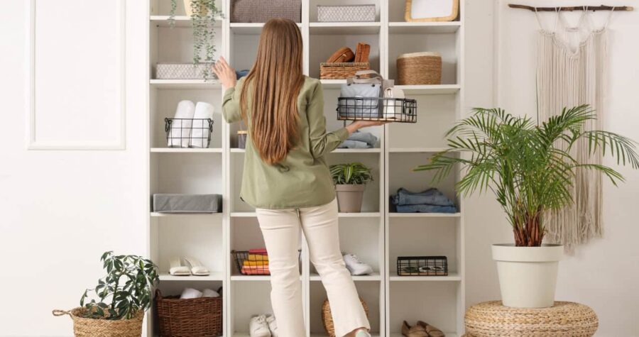 A woman organizing a shelf, holding a basket, facing a neatly arranged set of shelves, various baskets and folded towels, light and airy room, she’s sorting items on shelves, minimalistic storage