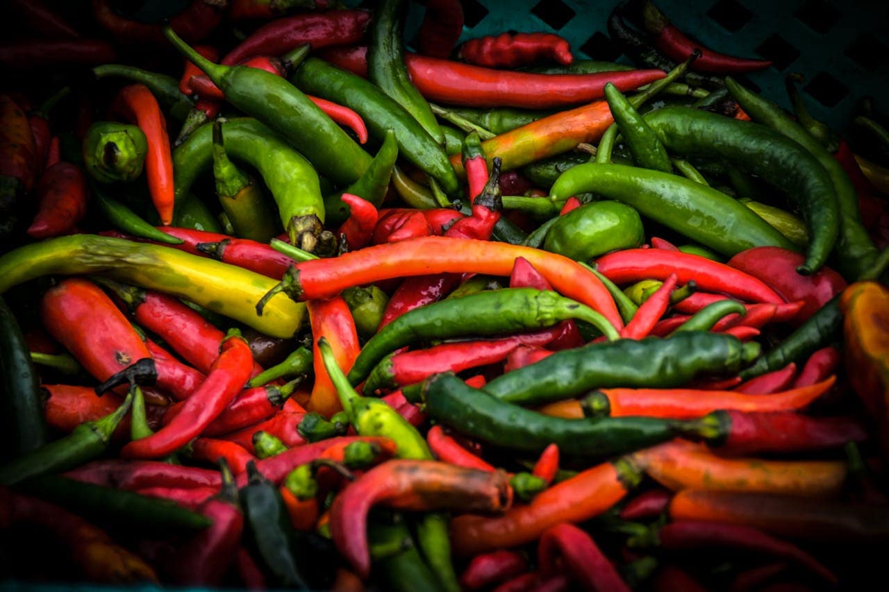 A pile of fresh red, green, and yellow chili peppers, mixed varieties of chilies, close-up of chili peppers, vibrant and colorful assortment of fresh peppers