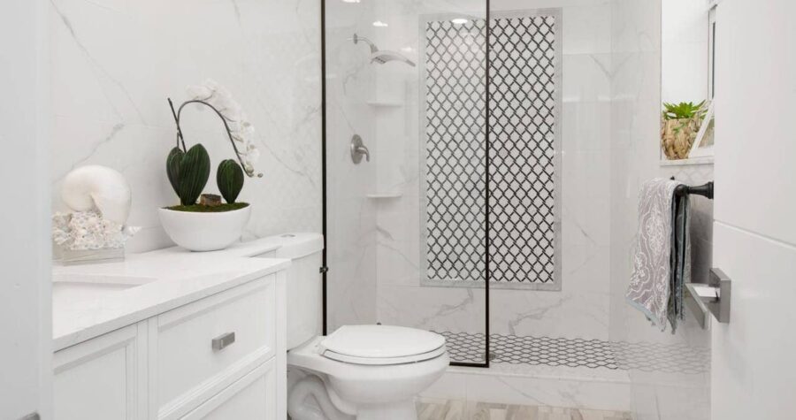 The image shows a modern, minimalist bathroom with a white and black theme, a clean design, a shower with a glass door and black accents, a toilet, a vanity with a countertop sink, a decorative plant and shells
