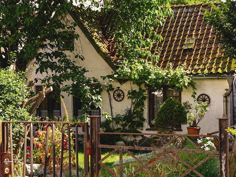 Charming white cottage with a rustic roof, surrounded by greenery and plants, decorative windows with round frames, a wrought iron gate in front, garden flowers, potted plants, peaceful and cozy atmosphere