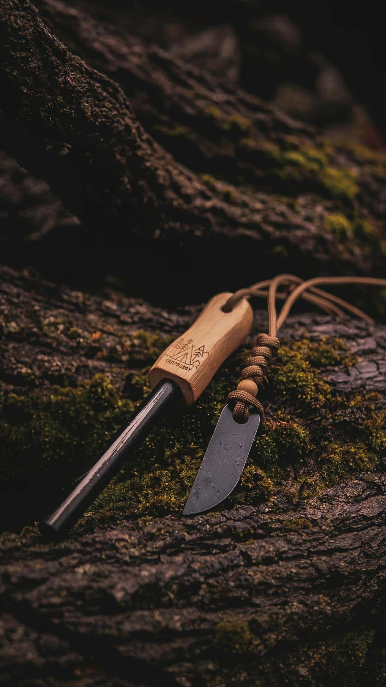 Fire starter tool, ferro rod, flint and steel, outdoor survival gear, close-up of fire-starting kit, wooden handle, metal striker, wilderness preparation tool, emergency fire-starting kit