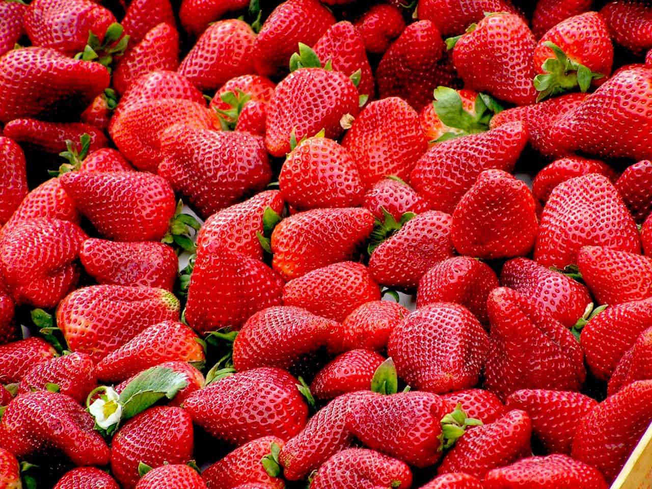 Fresh, ripe strawberries piled together, bright red, with green leafy tops, glossy surface, healthy and vibrant fruit, ready to be consumed