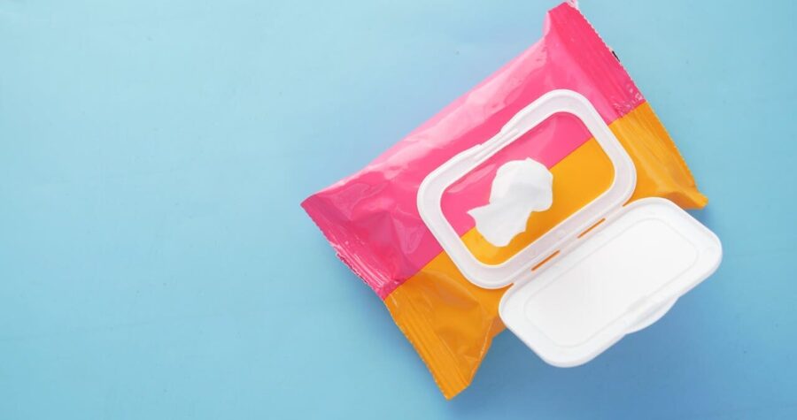 Opened pack of wet wipes with a colorful pink and orange packaging, placed on a light blue surface, with one wipe partially pulled through the plastic dispenser lid