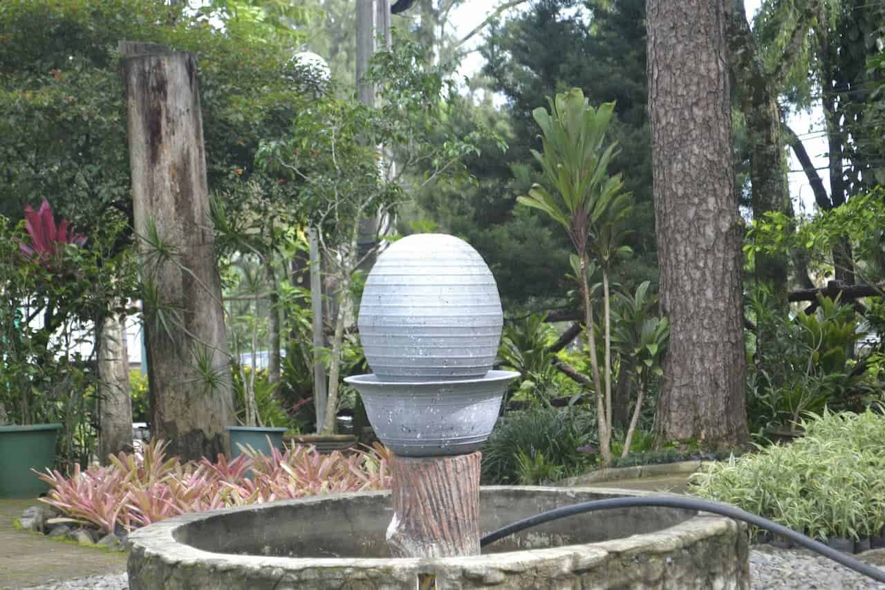 Egg-shaped stone fountain on wooden pedestal in circular basin, surrounded by tropical plants and trees in garden setting