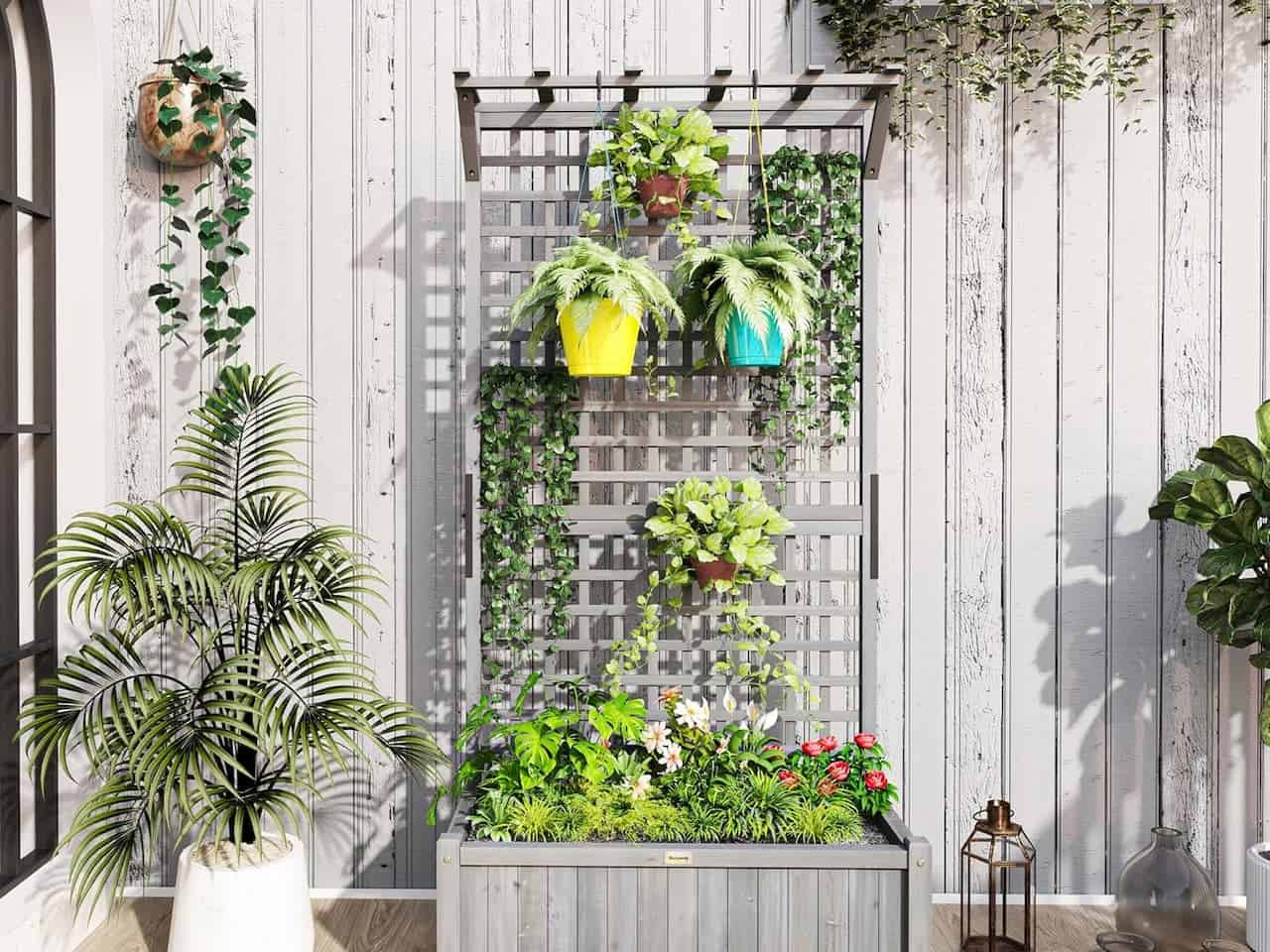 A modern, wooden trellis with hanging planters featuring vibrant green plants, lush greenery on the trellis and surrounding the base, potted plants with various types of foliage, a neutral-colored wall and wooden flooring, creating a cozy, natural atmosphere in a garden or indoor space