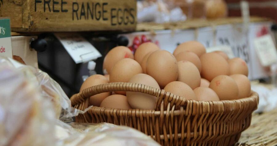 Brown eggs in wicker basket at market stall with wooden "FREE RANGE EGGS" sign visible above display