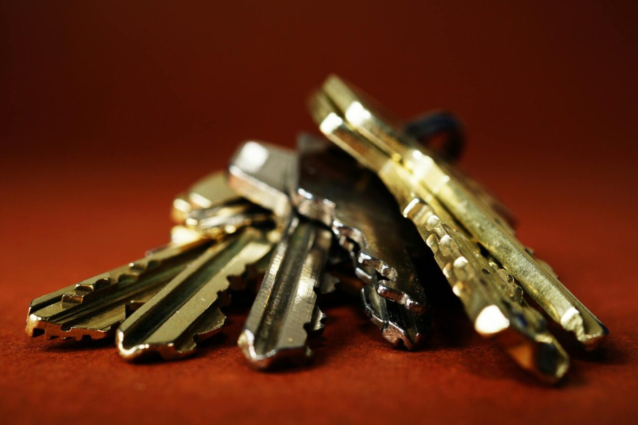 Detailed view of a pile of metallic keys on a deep red surface, emphasizing security and safety
