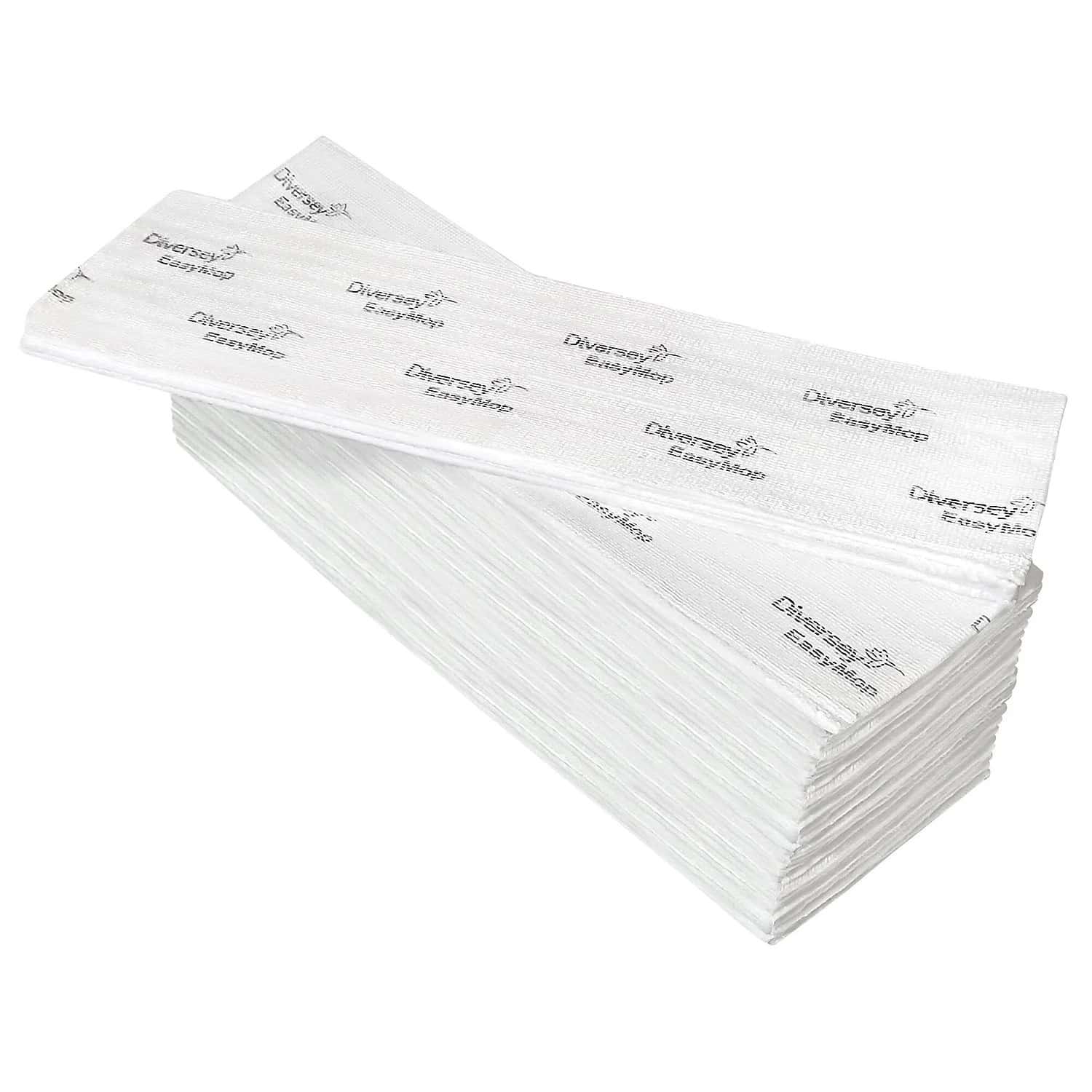 Stack of Diversey EasyMop disposable cleaning pads, white cleaning cloths for commercial mopping systems, neatly arranged disposable pads for easy mopping, cleaning pads for use with EasyMop system, professional cleaning supplies for floor maintenance