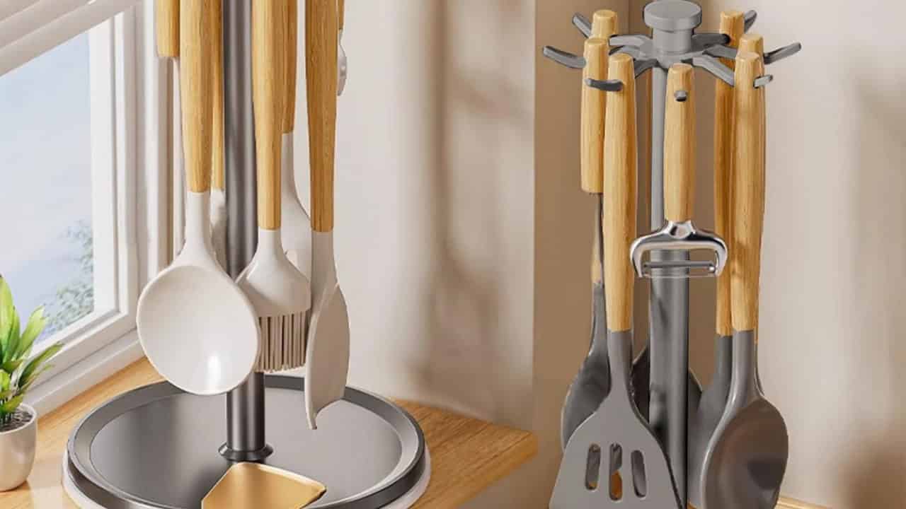 A rotating kitchen utensil holder with bamboo handles, features multiple kitchen tools like a spatula, spoon, ladle, and peeler, organized neatly, sitting on a kitchen counter, minimalistic design, bright lighting, clean and modern kitchen setting